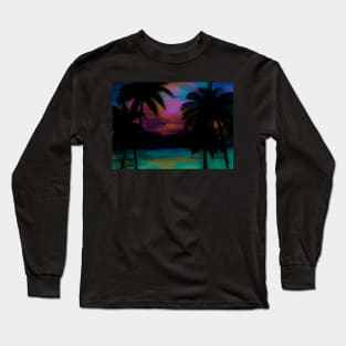 TROPICAL PALM TREE SUNSET FLAMING PARADISE PRINT Long Sleeve T-Shirt